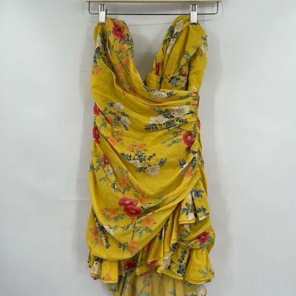 Lovers + Friends Yellow Lined Floral Off The Shoulder Mini Dress Medium - Picture 1 of 10